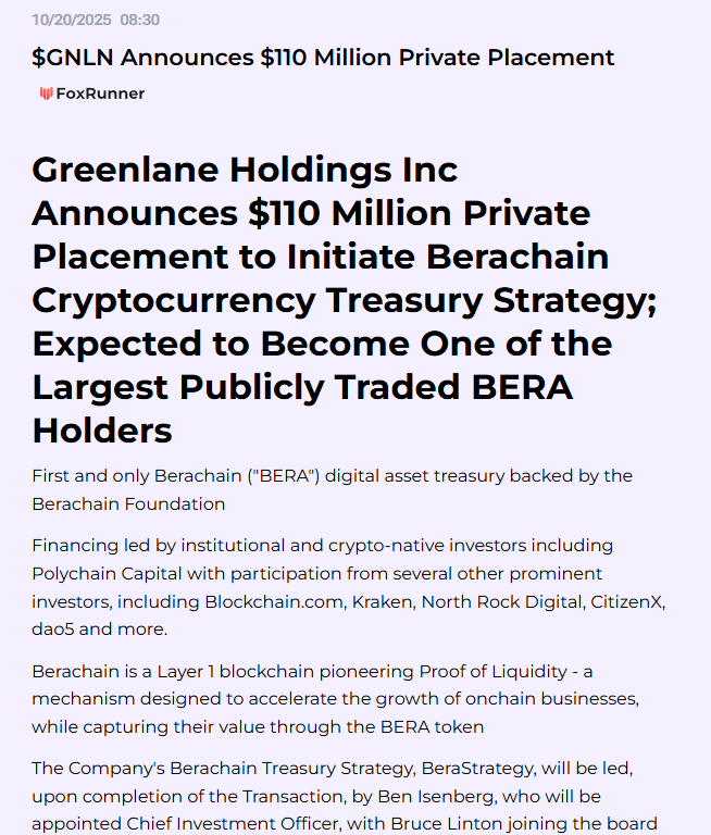 0xFent's tweet image. 🚨BREAKING NEWS🚨

@GNLNHoldings announces $110 Million Berachain treasury strategy. Transaction is expected to close October 23rd!

$50M Cash
$60M in $BERA

Berachain got a DAT before GTA 6.