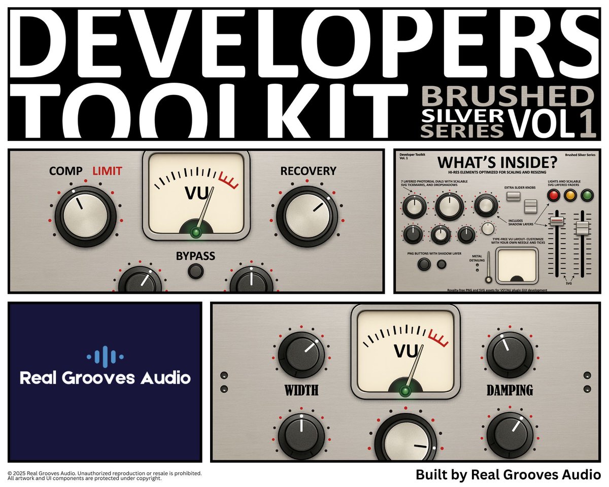 RGA_Audio's tweet image. Real Grooves UI Kits:
• Royalty-free
• Customizable
• Built for audio.
You write DSP. We make it look right.
UI kits built for VST and AU developers who value polish and performance. 👉 realgroovesaudio.gumroad.com | kvraudio.com/marketplace/re… #uidevelopment #recordingtemplate