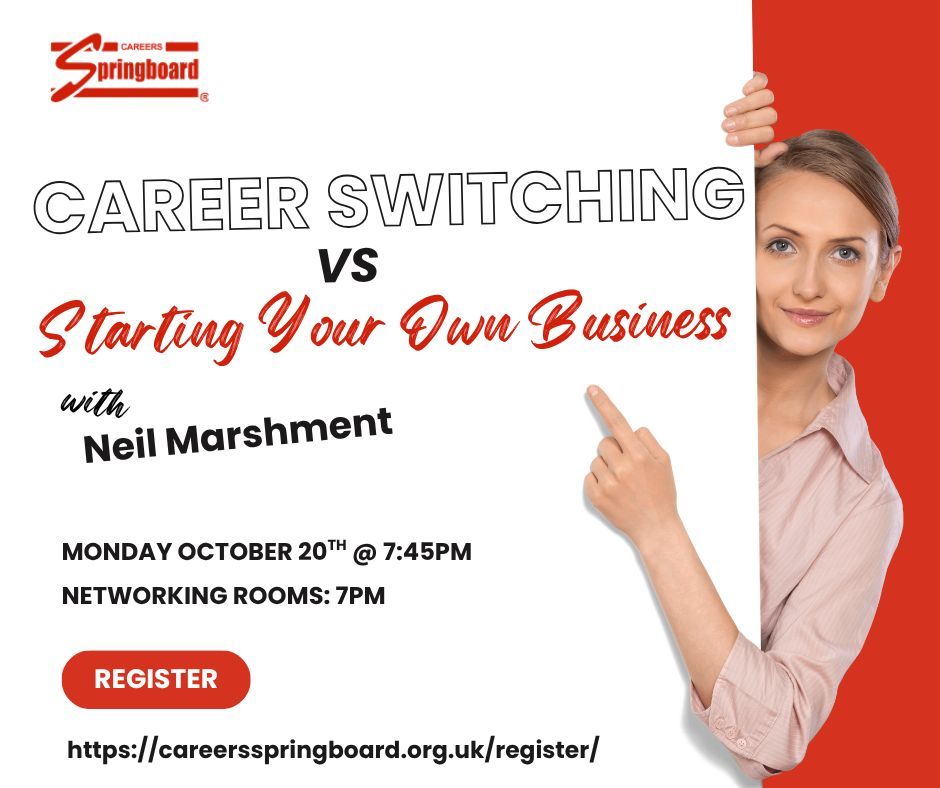 If you are weighing up a career switch or wondering whether to build something of your own, our Monday Webinar (tonight) with Neil Marshment will give you the clarity you need to move forward. 
Register: careersspringboard.org.uk/register/

#CareerSwitch #Entrepreneurship #CareerSpringboard