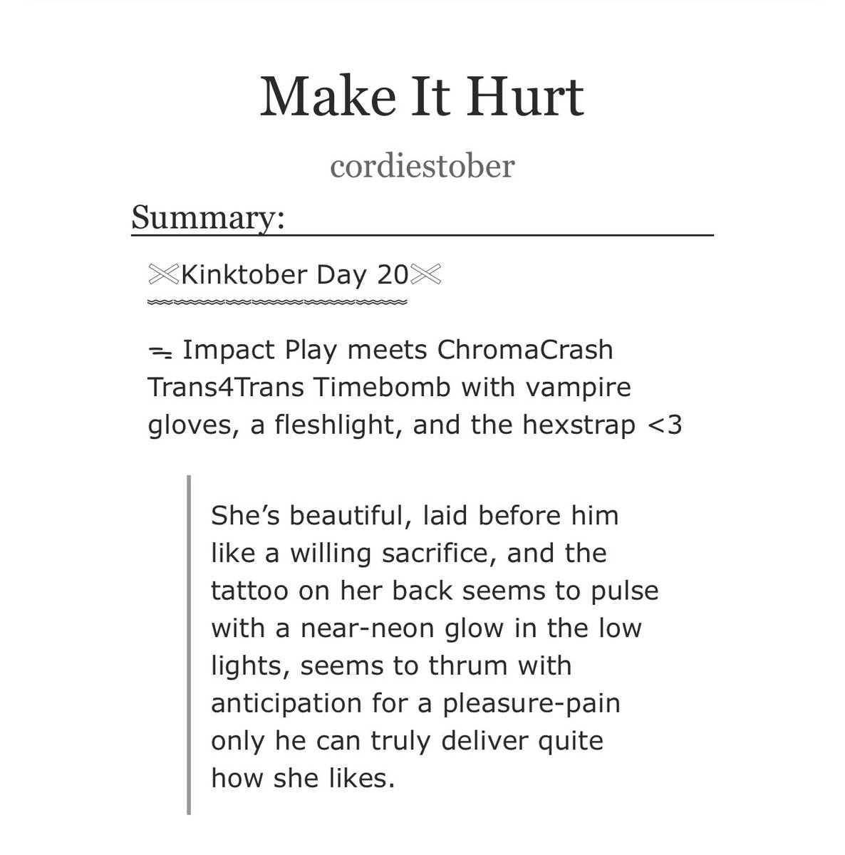 impact play with vampire gloves for day 20 of #arcanekinktober meets chromacrash timebomb who are both trans!! &lt;3
archiveofourown.org/works/72810671
