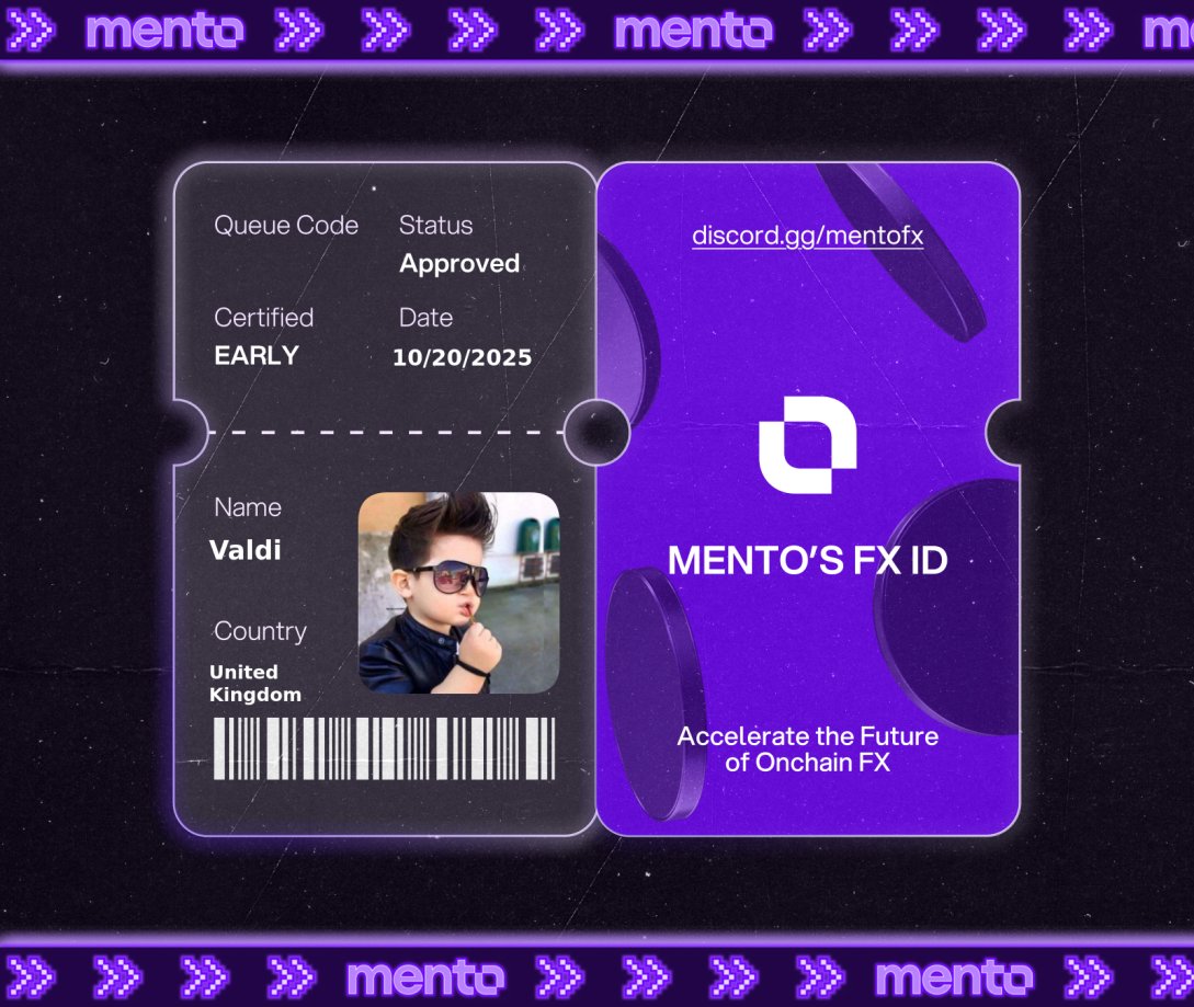 Licensed to trade the internet’s FX layer. 

Claimed my FX ID on discord.gg/mentofx 

 every currency, onchain with <a href="/MentoLabs/">Mento (fx/acc)</a>