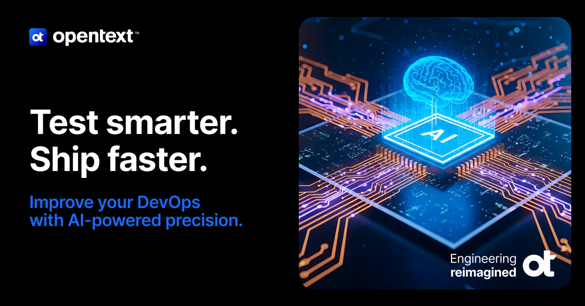 OpenTextDev's tweet image. From early bug detection to AI-assisted automation, OpenText helps you deliver with confidence -- without compromising speed. Discover how intelligent testing enhances your DevOps: bit.ly/3L4IR8p