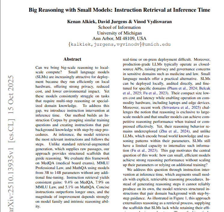 The paper shows small models can reason better by retrieving step by step instructions during inference.

Gives a simple recipe that turns reasoning into reusable text the model can fetch and follow

They build a library of 2 part guides by clustering training questions.

Each