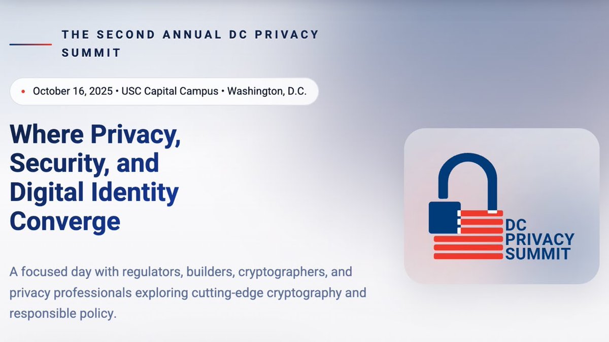 paulbrigner's tweet image. 1/14 - Thanks to everyone who joined the 2nd Annual DC Privacy Summit (Oct 16, 2025 • USC Capital Campus • Washington, DC). Co‑hosted by @projectglitch_ and @pgpforcrypto. Huge thanks to our sponsors: @aztecnetwork, @AleoHQ, @btcpolicyorg, @paradigm, @USC_VEDA,…