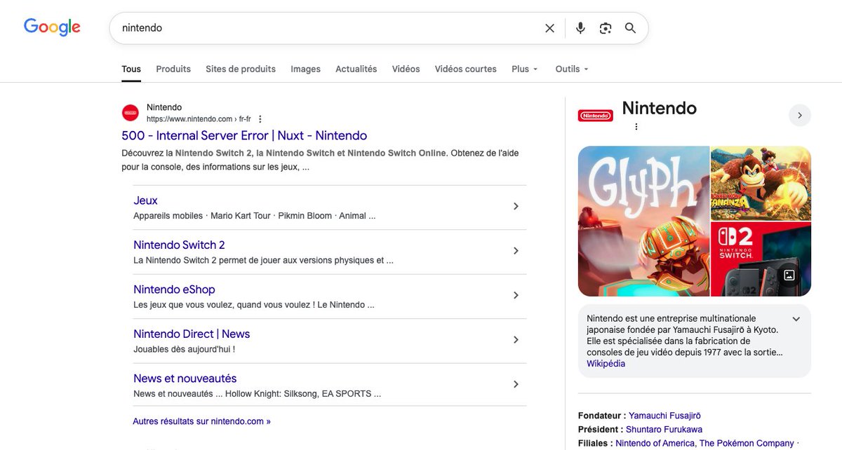 serdjan's tweet photo. Nintendo a tenté un SEO osé aujourd’hui : Error 500 en pleine home page ! Pas mal, fallait oser 😂 #Nintendo #BugDay #seo #google @BastiUi https://t.co/rRgstDLwv6