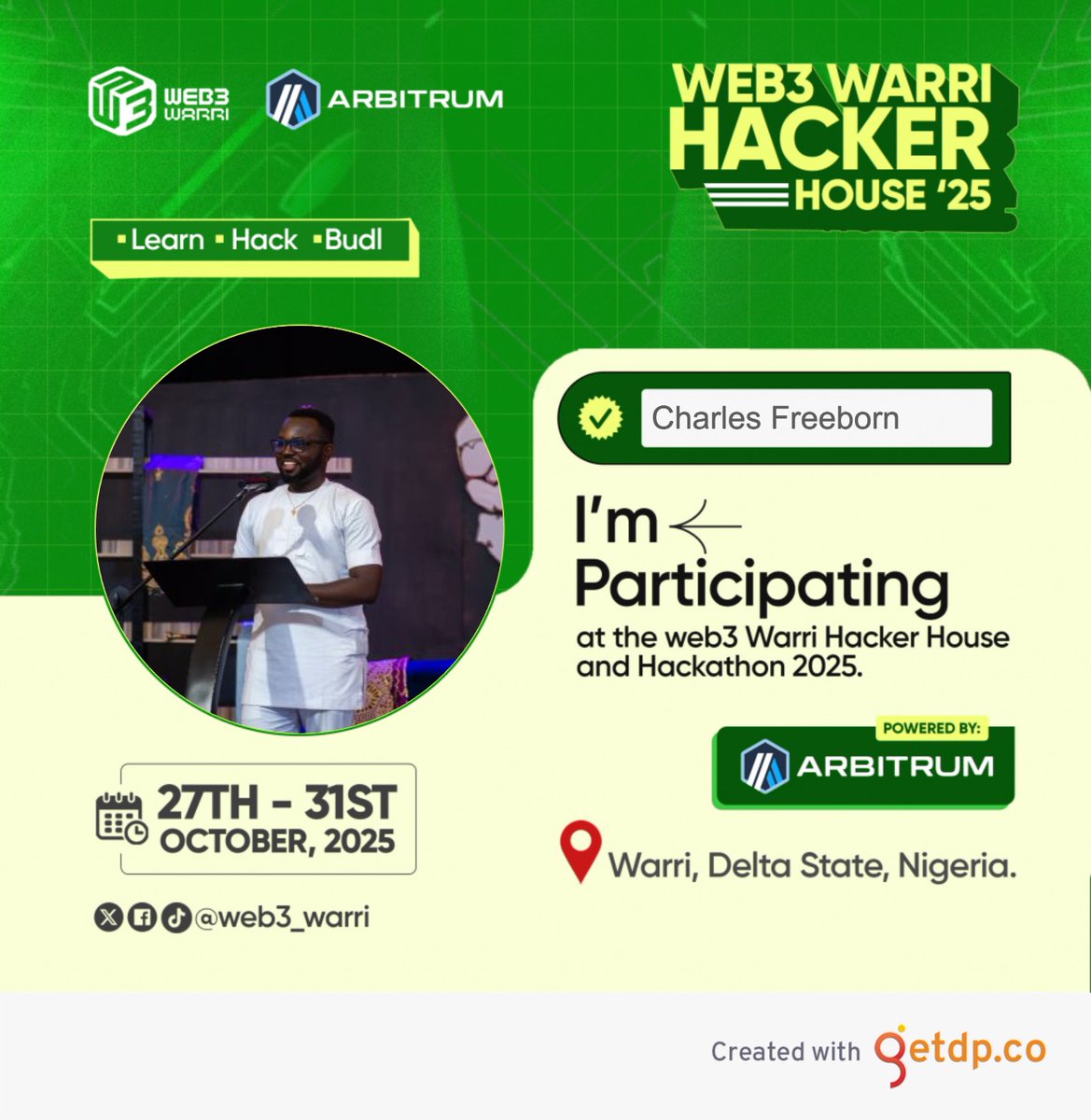 charliecodes's tweet image. I am participating in the @web3_warri  Hacker House and Hackathon 2025 powered by @arbitrum