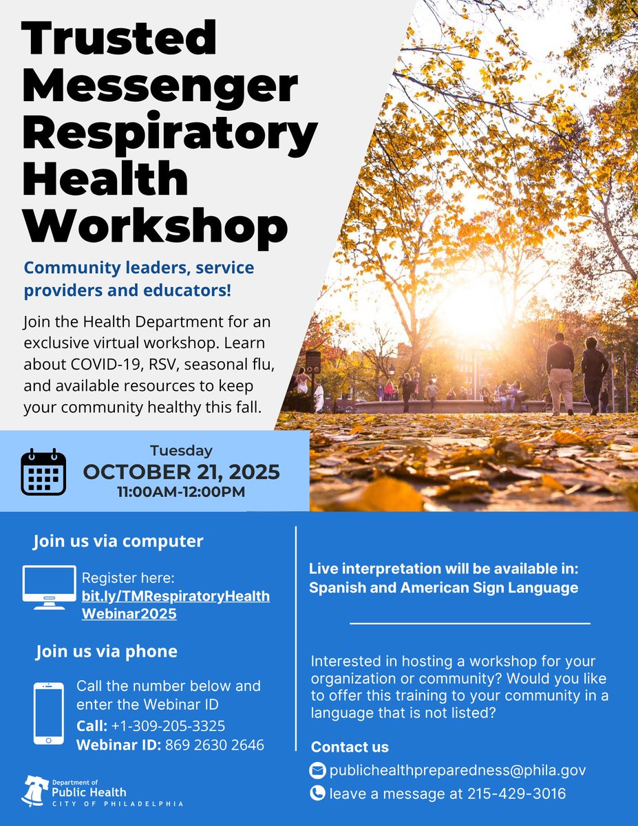 Hey, #Philly!

Join us for a trusted messenger workshop TOMORROW, 10/21 from 11:00AM-12:00PM to learn how you can keep your community healthy this fall.

We'll be talking about three respiratory viruses - COVID-19, RSV, and seasonal flu. 

Register today: bit.ly/TMRespiratoryH…