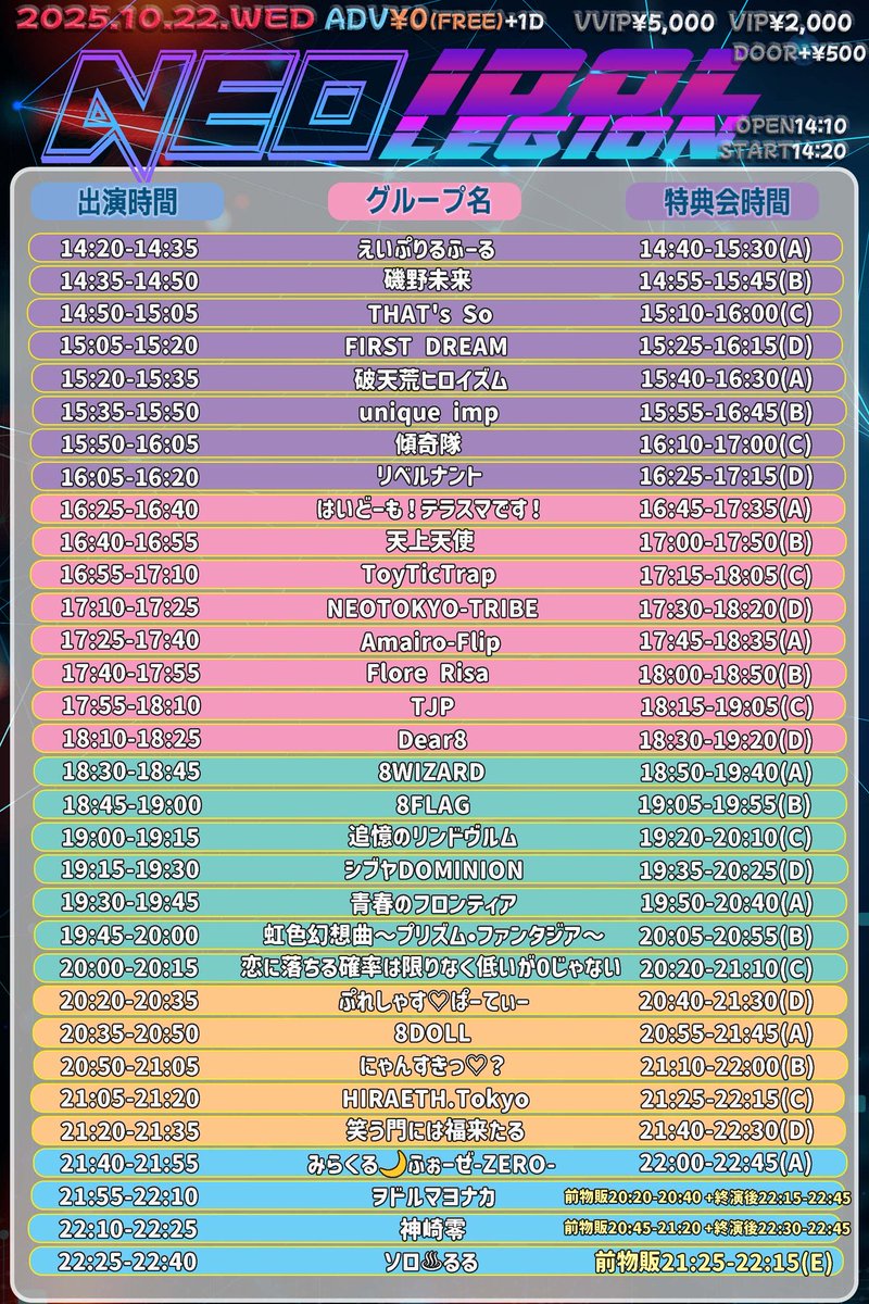 10月22日(水) #シブドライブ情報 

「NEO IDOLEGION FREELIVE Vol.100」
［会場］新宿DHNoA
［出番］19:15-19:30
［特典会］19:35-20:25 D
🎫一般/¥0  優先/¥2,000(+各1D)
ticketdive.com/event/idolegio…