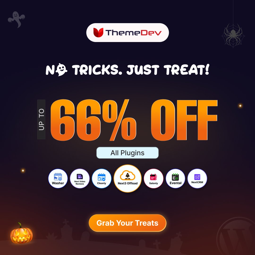 themedev_'s tweet image. 💥The Halloween Sale is LIVE!💥

Get up to 66% OFF on all ThemeDev plugins!
No tricks, just pure savings, boost your website with the best tools this spooky season.

🎃Offer won’t last forever.
Grab your treat today: themedev.net/coupon/