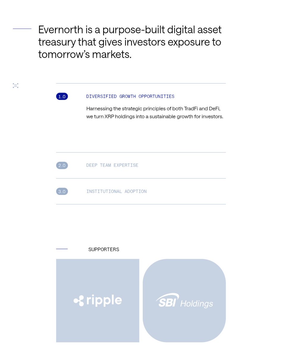 crypto_narcist's tweet image. 世界最大規模の機関投資家向けXRPトレジャリーを目指すEvernorthが上場さ!

​CEOは元Ripple​副社長のAsheeshで,BradやDavid達もアドバイザーだね!
SBIの2億$含め10億$超の調達と華麗な期待さ!

企業の準備資産とするため多量のXRP保有と,RLUSD活用のDiFiでXRP収益創出を図るようで今後が楽しみだね！