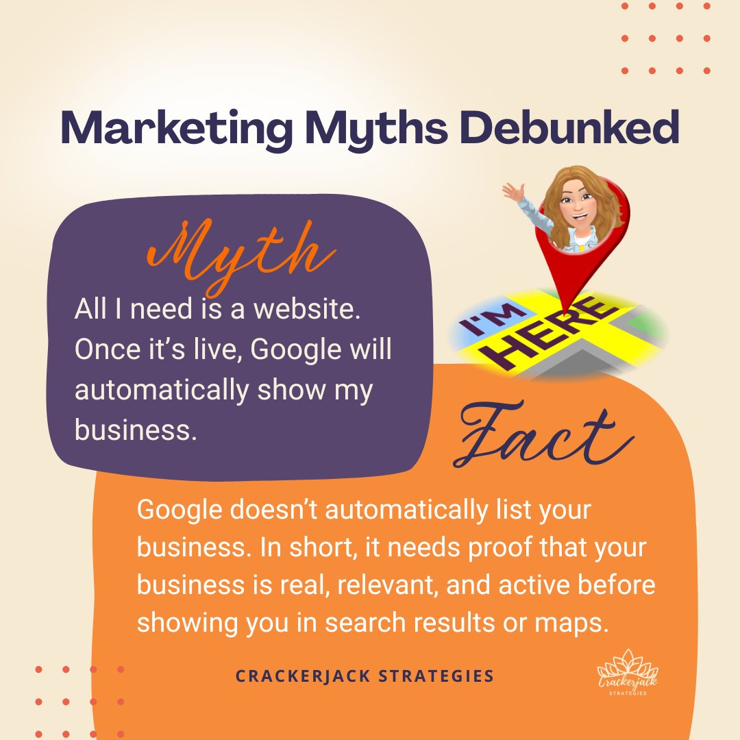 CrackerjackStr's tweet image. 📍If your business isn’t showing up yet. Google doesn’t play favorites. It rewards proof. Proof that your business is real, relevant, and active.

Want help making that happen? That’s where we come in.

#CrackerjackStrategies #LocalSEO #GoogleMaps #MythVsFact #GetFoundOnline
