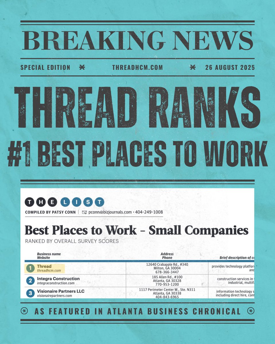 ThreadHCM's tweet image. 🗞️ Breaking News: Thread is officially the #1 Best Place to Work (Small Companies) according to the Atlanta Business Chronicle! 💚
We’re proud to celebrate our team and the culture that makes Thread such a great place to work.
#BestPlacesToWork #ThreadHCM #PeopleFirst