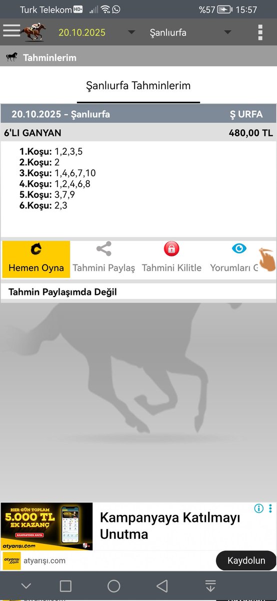 🏇Ş URFA🏇
16LI GANYAN
BOL ŞANS DİLİYORUM ARKADAŞLAR