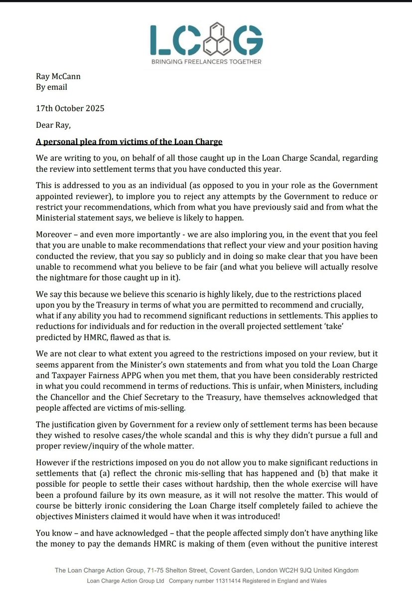 LCAG_2019's tweet image. The Treasury is having private discussions about the #McCannReview recommendations, on top of the significant restrictions on it.
We’ve written to Ray McCann urging him to disown the whole review if he’s not allowed to resolve the #LoanChargeScandal.
hmrcloancharge.info/wp-content/upl…