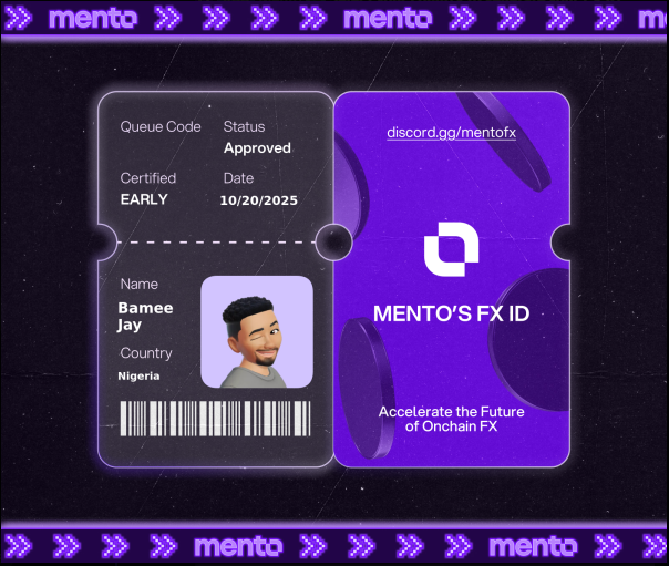 sagecoder's tweet image. I’m now verified early to the global onchain FX layer, with my Mento FX ID.
The future of money runs here w/ @MentoLabs
fx/acc
discord.gg/mentofx