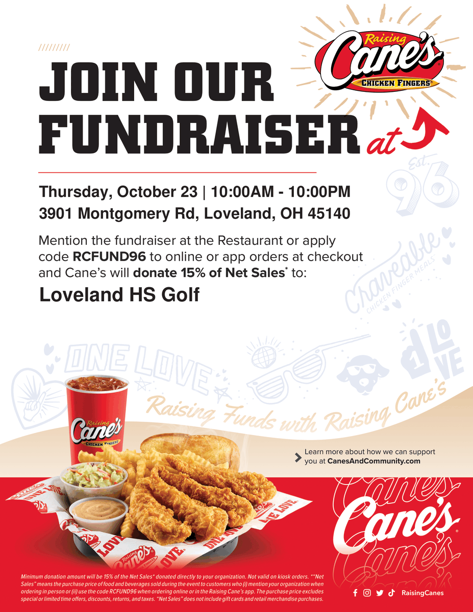 LHSTigerAD's tweet photo. Are you hungry for some Cane's?  And you want to support the Loveland HS Golf team? Here is your chance!!! @Loveland_AsstAD https://t.co/09yUFysMQj