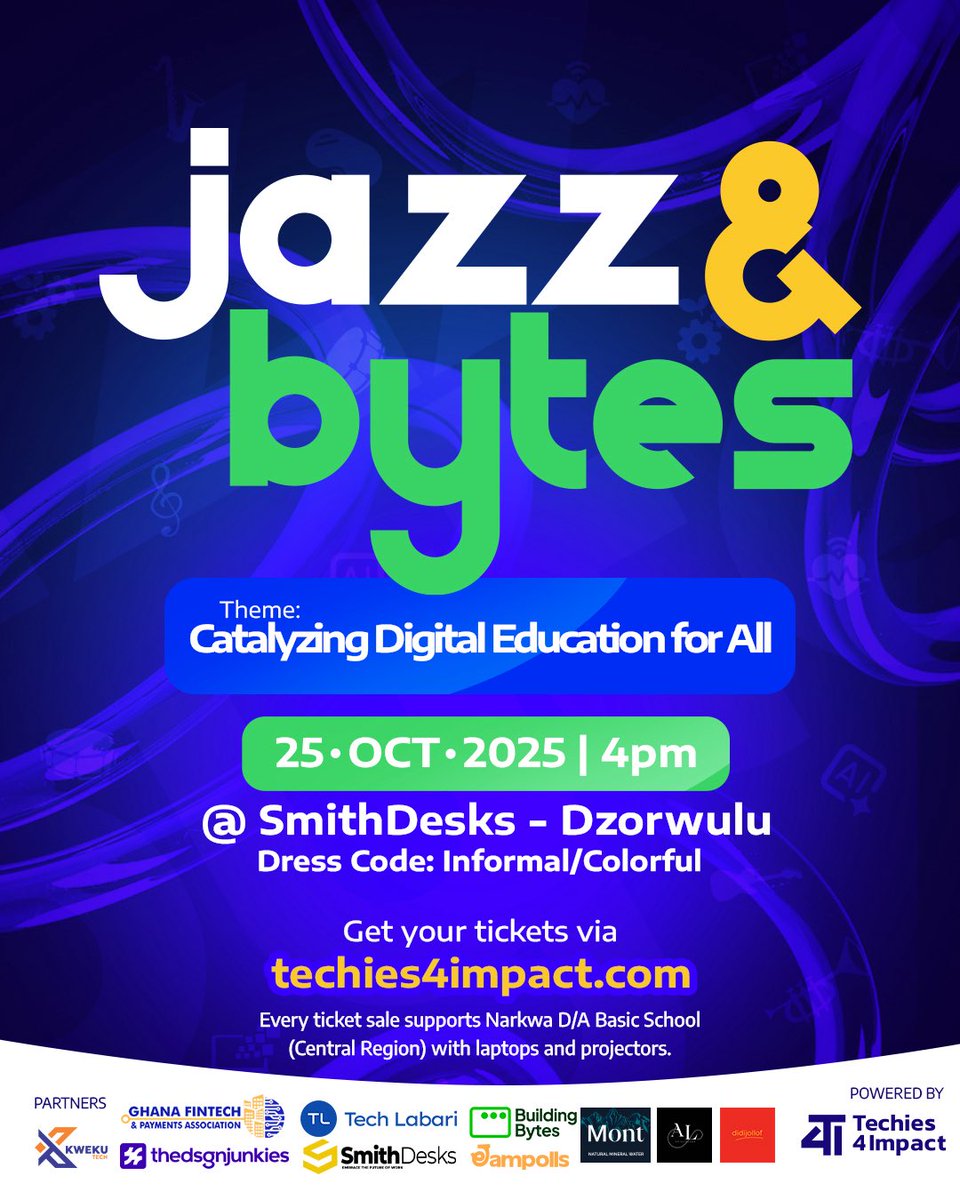 techies4impact's tweet image. In a quest to improve digital literacy and access in alignment with SDG 4 and SDG 10, Jazz and Bytes was birthed . A social impact driven event curated to connect and engage stakeholders in the Tech Ecosystem.
For tickets,to partner or donate, visit techies4impact.com