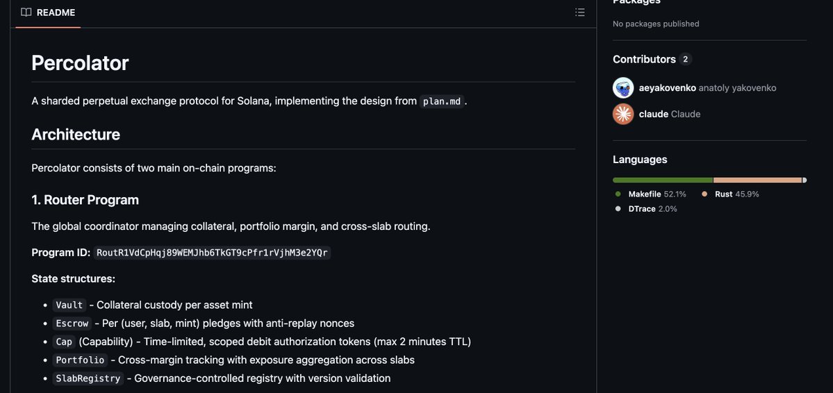 SolanaFloor's tweet image. 🚨BREAKING: Solana cofounder @aeyakovenko appears to be building Percolator, a sharded perpetual exchange protocol for Solana, according to his GitHub. The project is reportedly being developed using Claude AI.