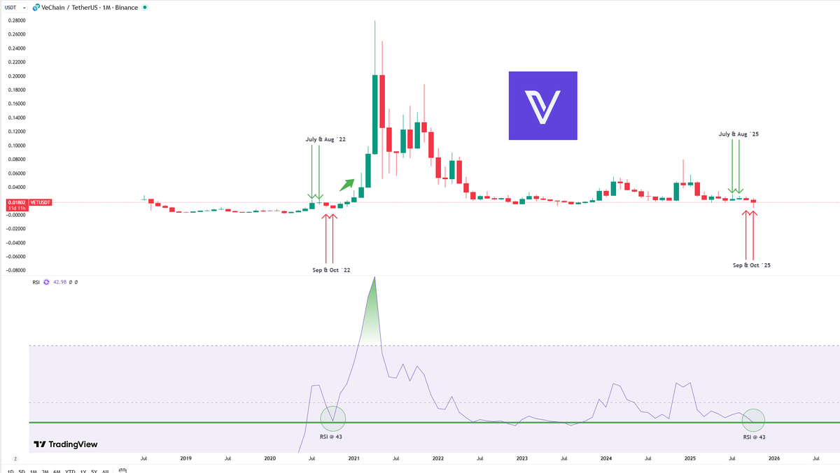 NiklasTheisen's tweet photo. #Vechain´s monthly RSI has returned to ~43 — the same level as in 2020. Back then, July &amp; August showed strength, September &amp; October a pullback, and from November onwards prices began to rise significantly for $VET in the last bull run. https://t.co/P80r7YMsif