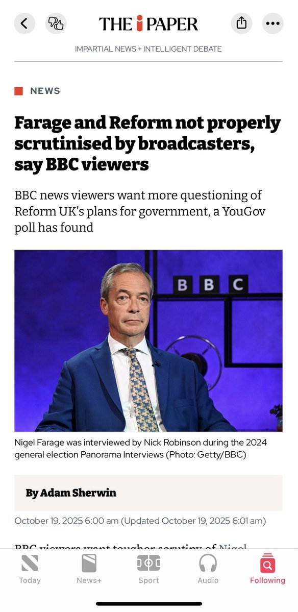 Our new research featured in the I paper showing news audiences want tougher scrutiny of Nigel Farage and Reform UK given the party could be heading for government. Thread 1/5