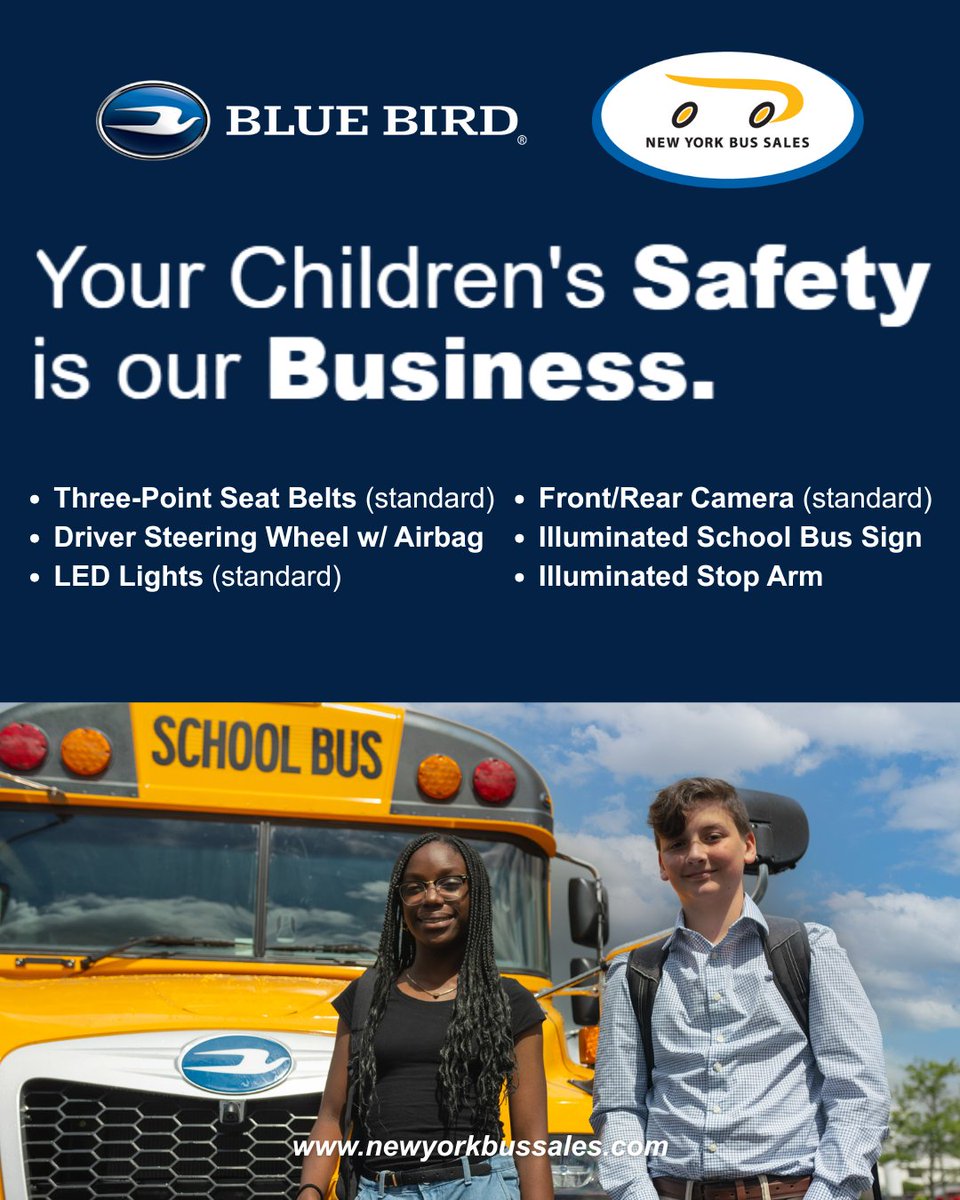 🚌It’s National School Bus Safety Week!🛑
At New York Bus Sales, your children’s safety is our business.
This week, we’ll be highlighting the key safety features that make Blue Bird buses the safest on the road.💛

#schoolbussafetyweek #bluebird #schoolbus #safe #students #nybs