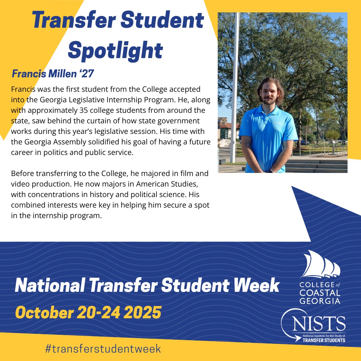 🎓 It’s #TransferStudentWeek! Meet Francis Millen ’27, the first #Mariner in the Georgia Legislative Internship Program--&gt; bit.ly/4q1PBEh

#MarinerPride #CCGA #StudentSpotlight #CollegeIsBetterByTheBeach #CoastalGeorgia