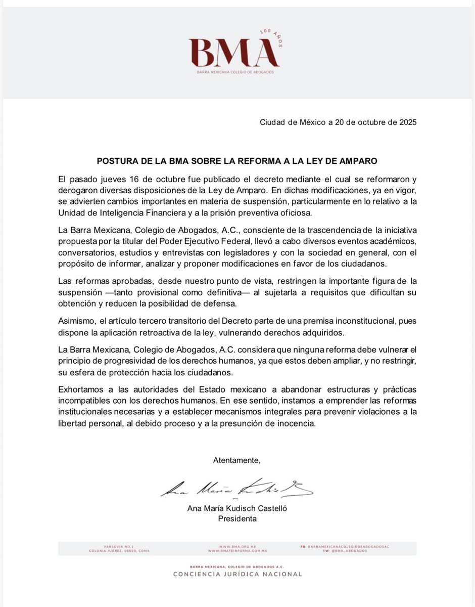 BMA_Abogados's tweet image. Postura de la Barra Mexicana, Colegio de Abogados sobre la reforma a la ley de amparo