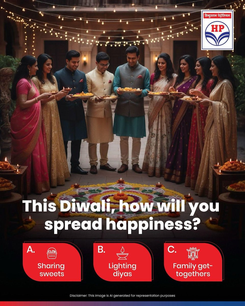 HPCL's tweet image. ✨ Diwali is all about spreading joy and togetherness!
Tell us — how are you lighting up lives this festive season? 💫
A. Sharing sweets 🍬
B. Lighting diyas 🪔
C. Family get-togethers 👨👩👧👦
#Diwali #FestivalOfLights #DeliveringHappiness