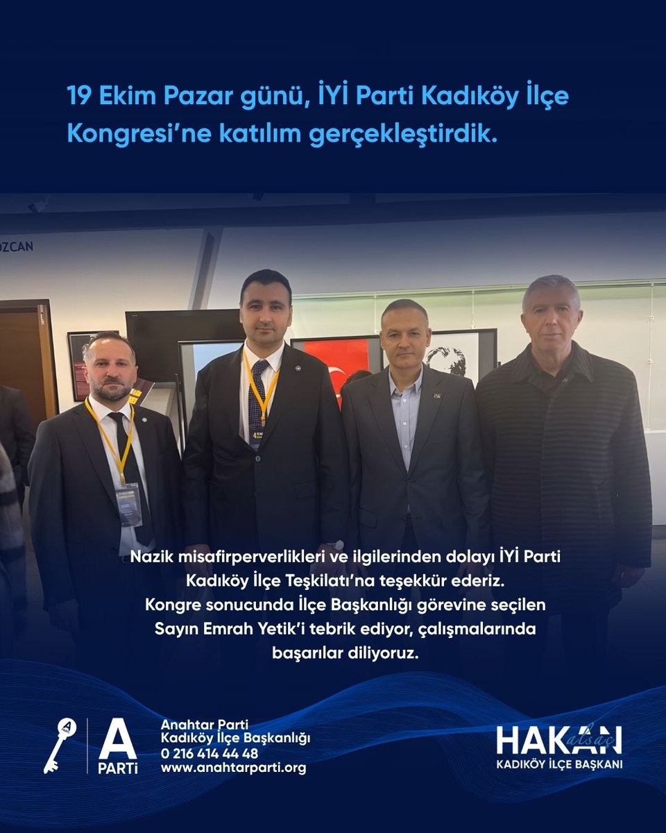 apartikadikoy's tweet photo. 19 Ekim günü, İYİ Parti Kadıköy İlçe Kongresi’ne katılım gerçekleştirdik.Nazik misafirperverlikleri ve ilgilerinden dolayı  teşekkür ederiz. Kongre sonucunda İlçe Başkanlığı görevine seçilen Sayın Emrah Yetik’i tebrik ediyor, çalışmalarında başarılar diliyoruz.
@alsac_hakan https://t.co/5QbnHNCKrQ