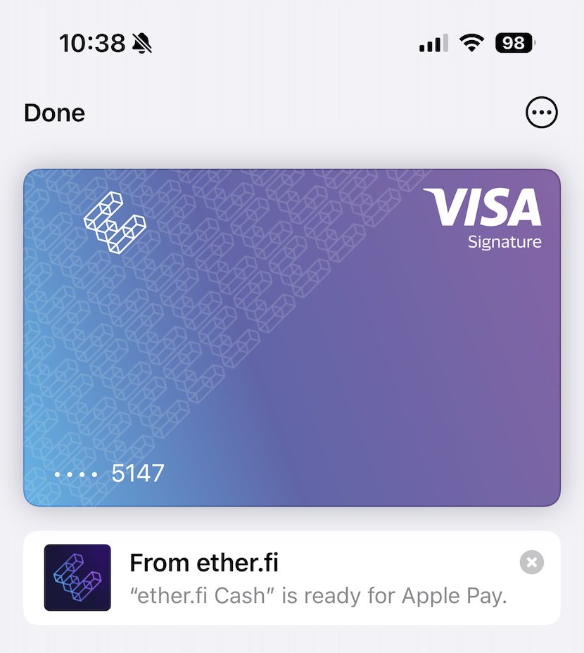 Yay! Finally have my <a href="/ether_fi/">ether.fi</a> Cash Card ready, already added to Apple Pay.

• 3% cashback on everything
• 10% APR on USD; assets stay liquid &amp; spendable

Honestly, we don't need off-ramp anymore.

Get yourself a card ↓
ether.fi/refer/68d6564d