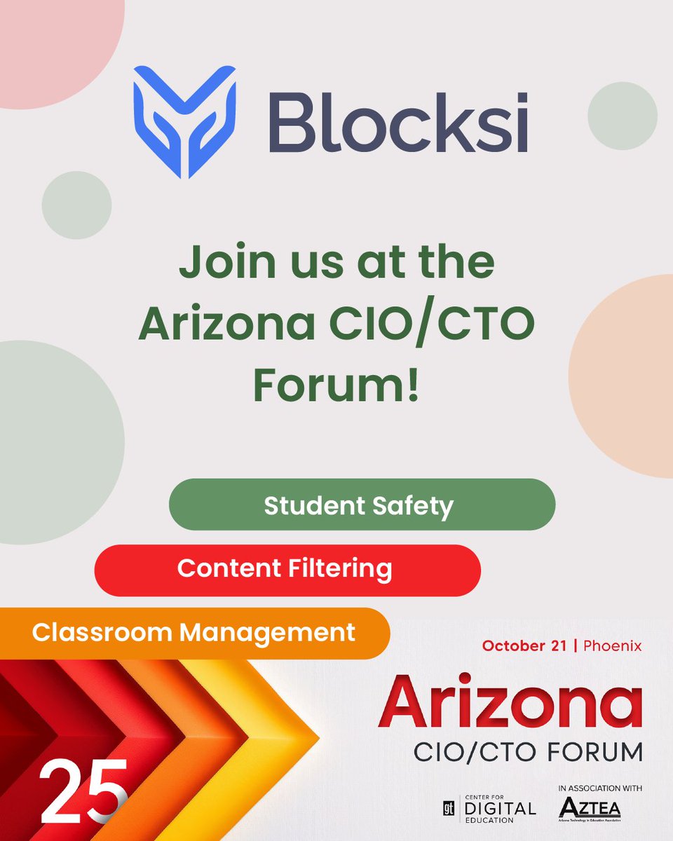 We’re eager to connect with Arizona’s educational IT leaders at the Arizona CIO/CTO Forum!
📍Sheraton Phoenix Downtown 

Join us in Phoenix on October 21- Blocksi's team will be presenting our powerful tools for content filtering, classroom management, and student safety.
#EdTech