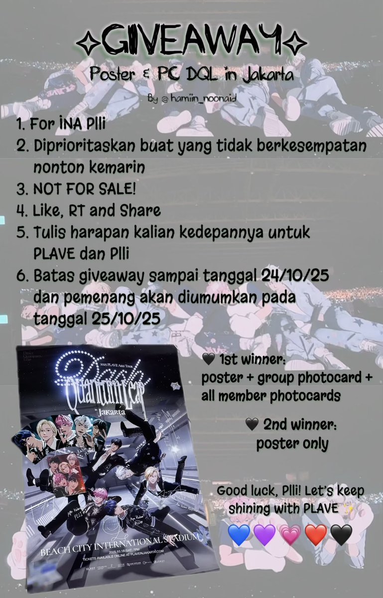 🎉GIVEAWAY ALERT🎉
Sharing a bit of my PLAVE love💙💜💗❤️🖤
I'll be giving away:
1st winner → poster + group pc + all member pcs
2nd winner → poster only

Let's spread the PLAVE love together!
Good luck✨
#AsterumToTerraJKT
#2025_Dash_Quantum_Leap_in_Jakarta
#PLAVETOURJAKARTA