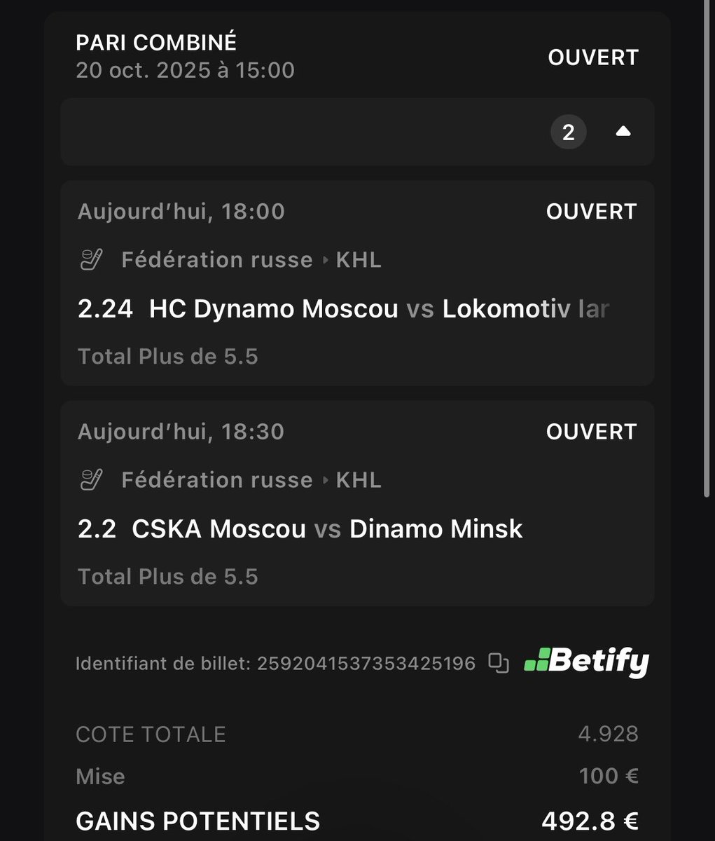 LePetitParieur_'s tweet photo. ⚜️KHL⚜️

🏒🇷🇺Dynamo⚡️Yaroslavl : + 5,5 buts 2,24
🏒🇷🇺CSKA⚡️Minsk : + de 5,5 buts 2,20

Uniquement sur Betify sorry pour ceux qui ont encore pas 

Pas inscrit ? Avec ce lien : https://t.co/psvNnUawPA et le code promo : LPP  👉🏻 50% du 1er depot en Freebets (jusqu’à 200€ Freebets) https://t.co/Kisr5COwJb