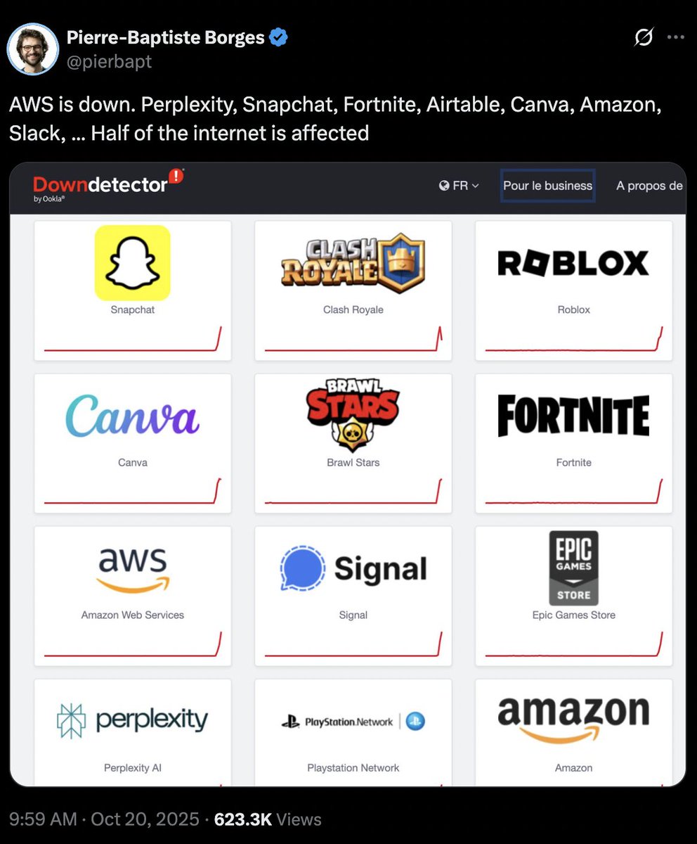 Crypto Koryo (@cryptokoryo) on Twitter photo aws went down this morning and half the internet went with it.
snapchat, slack, jira, canva, even perplexity.
one cloud outage shouldn’t pause the internet.
as mentioned by <a href="/MTorygreen/">Tory | io.net 🦾</a>, centralized ai isn’t intelligence, it’s single point of failure as a service.
DeAI fixes aws went down this morning and half the internet went with it.
snapchat, slack, jira, canva, even perplexity.
one cloud outage shouldn’t pause the internet.
as mentioned by <a href="/MTorygreen/">Tory | io.net 🦾</a>, centralized ai isn’t intelligence, it’s single point of failure as a service.
DeAI fixes