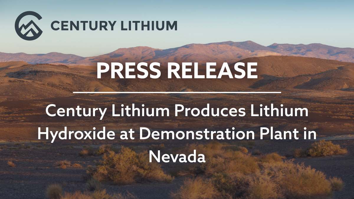 CenturyLithium's tweet photo. Press Release: Century Lithium Produces Lithium Hydroxide at Demonstration Plant in Nevada

Read the full release: https://t.co/BfJU0dTvRR 

$LCE.V $CYDVF https://t.co/kvzejXfAZg