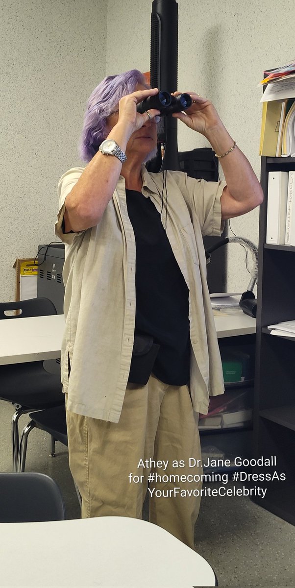 MsA1636's tweet photo. Today, for Homecoming Week, is "Dress like your favorite celebrity." I chose Dr
 Jane Goodall. She is one of my "Wall of Encouragement" participants. I proudly have a letter she wrote, addressed to my students. The world needs more people like Dr. Jane.  #Toros!YouKnow! https://t.co/TD07r5WKJw