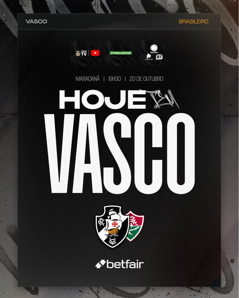 VascodaGama's tweet photo. 💢 HOJE TEM VASCO! 💢

🆚 Fluminense 
🏆 Brasileirão
🎯 29ª rodada
🏟 Maracanã  
🕠 19h30
📺 Cazé TV, Premiere e Record 
💻 Pré-jogo na VascoTV!
🔗 https://t.co/KJPaDTgF9g

Vem com o Vasco, vem com a Betfair! 💢
⚠️ 18+. Jogue com responsabilidade. T&Cs se aplicam.

#HojeTemVasco
#VascoDaGama