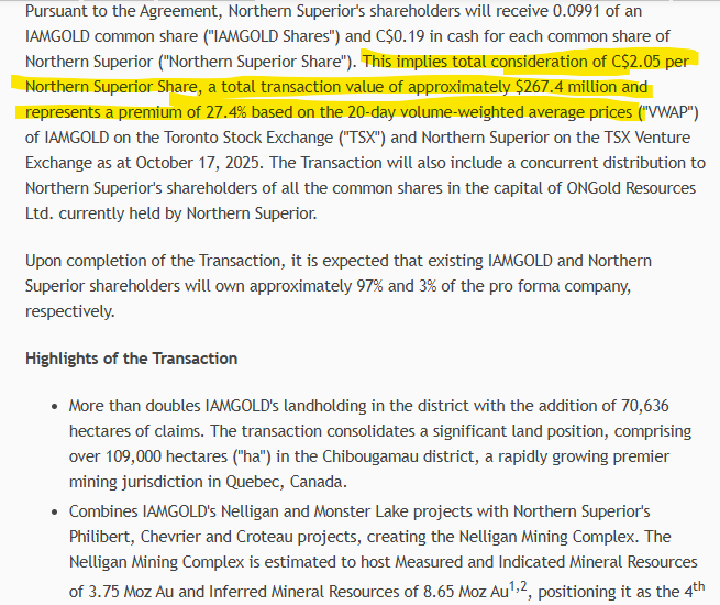 IAMGOLD Agrees to Acquire Northern Superior Consolidating a Premier Mining Jurisdiction $IAG $SUP.V <a href="/qc_sup/">Northern Superior Resources Inc</a>