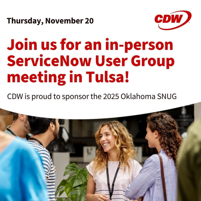 daveandcori's tweet image. #SNUG meetings foster collaboration and offer valuable learning opportunities from @ServiceNow experts and customers. Join @CDWCorp in Tulsa 11/20 for sessions, workshops, networking opportunities and valuable insights! dy.si/5ZewGV