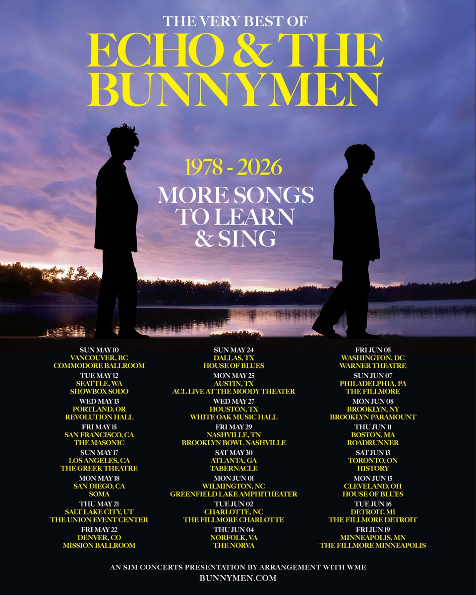 We’re thrilled to announce that Echo &amp; The Bunnymen are heading back to North America in 2026! 🇺🇸🇨🇦
Fans can get early access tickets from Tuesday, Oct 21 (10AM local) until Thursday, Oct 23 (10PM local) using the code 👉 VERYBEST.
General sale starts Friday, Oct 24 (10AM local).