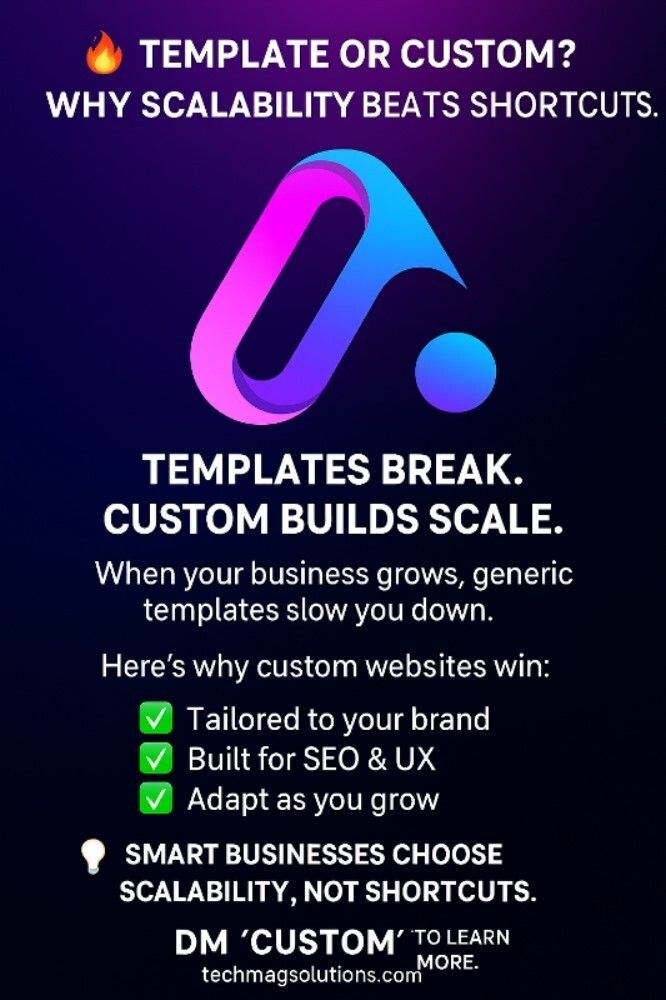 techmagsolution's tweet image. 🔥 Template or custom? Why scalability beats shortcuts.
📉 Templates break. Custom builds scale. When your business grows, generic templates slow you down.
Here’s why custom websites win:
✅ Tailored to your brand
✅ Built for SEO & UX
✅ Adapt as you grow
👉 DM “Custom”