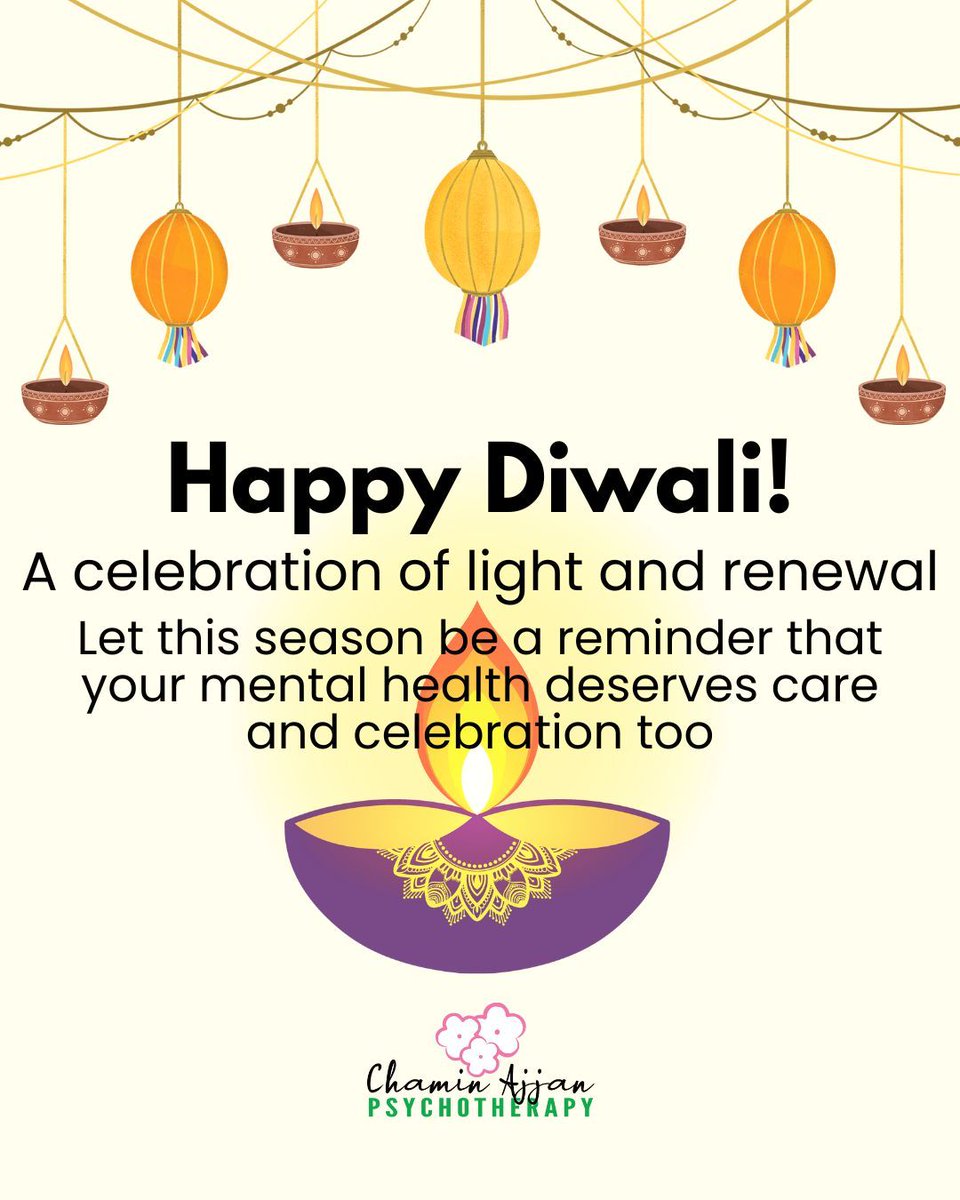 Happy Diwali! Today is a celebration of light and renewal, and also a reminder to reflect on your inner peace as well. We wish everyone a peaceful and restorative Diwali!

#Diwali #FestivalOfLights #MentalHealthAwareness #InnerPeace #ChaminAjjanPsychotherapy
