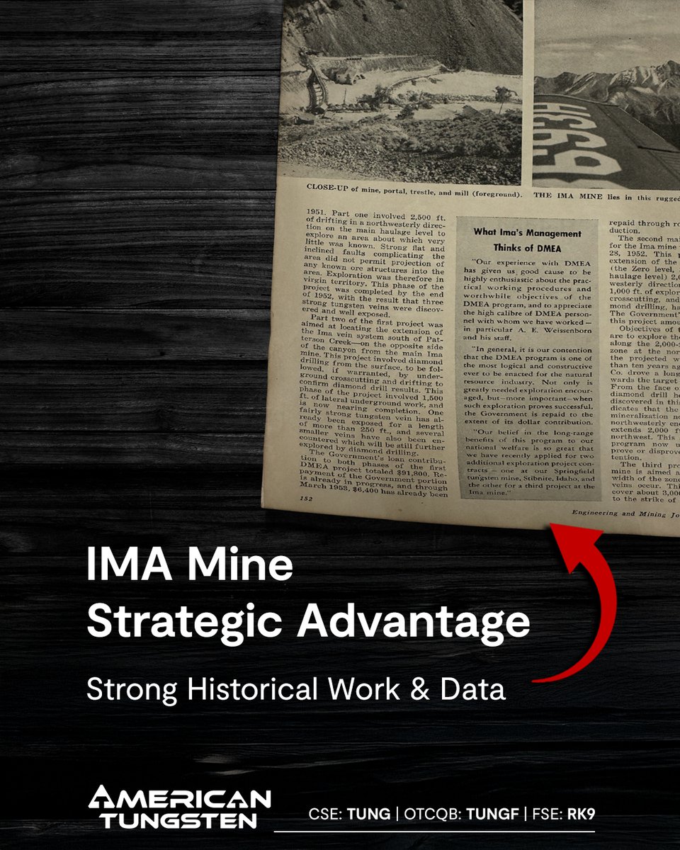 amtungsten's tweet image. Prior rehabilitation gives our IMA Mine a head start underground, reducing the need for extensive drilling before production.

Get more details: americantungstencorp.com/project/ima-mi…

🇨🇦 #CSE: $TUNG $TUNG.C | 🇺🇸 #OTCQB: $TUNGF | 🇩🇪 #FSE: #RK9