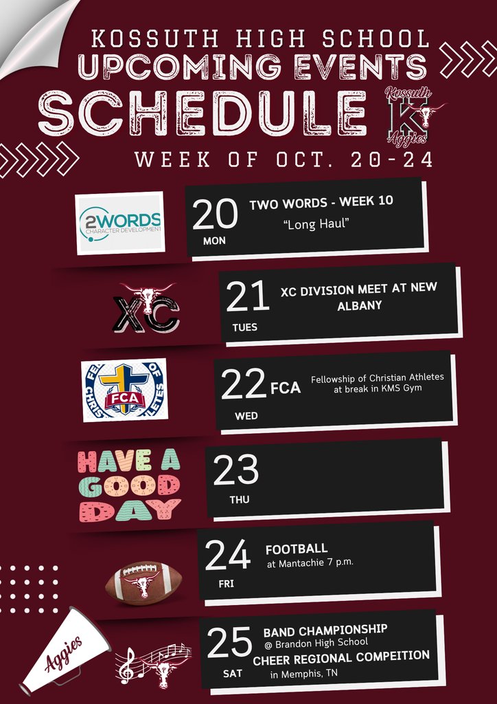 KossuthHS's tweet image. Let&apos;s have a great week! Go Aggies! #LearnLeadExcel #WeAreASD #WeAreKossuth #GoAggies