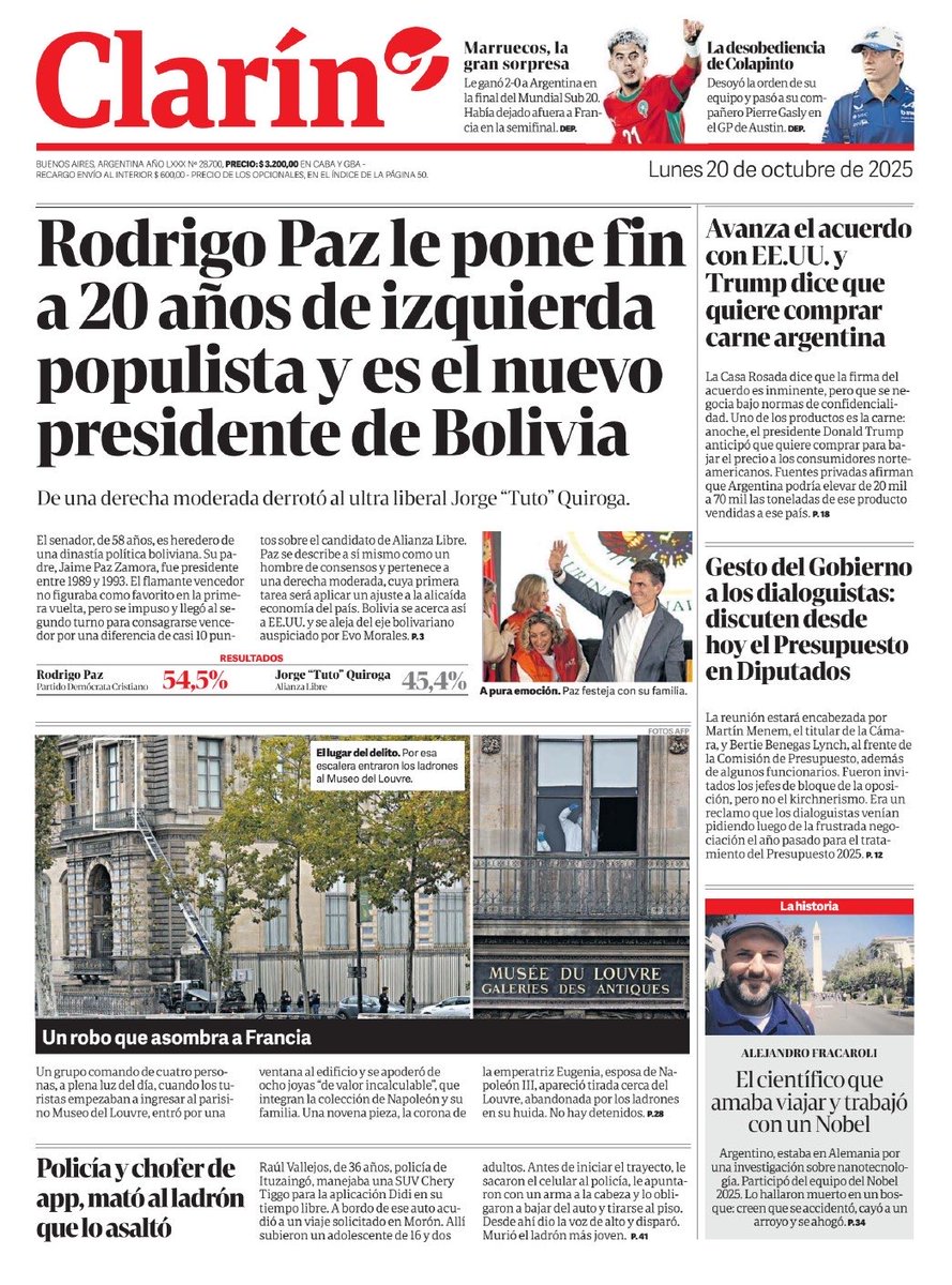 Uno de los periódicos más influyentes en #Argentina <a href="/clarincom/">Clarín</a> dedica gran titular este lunes a la victoria de Rodrigo Paz en #Bolivia