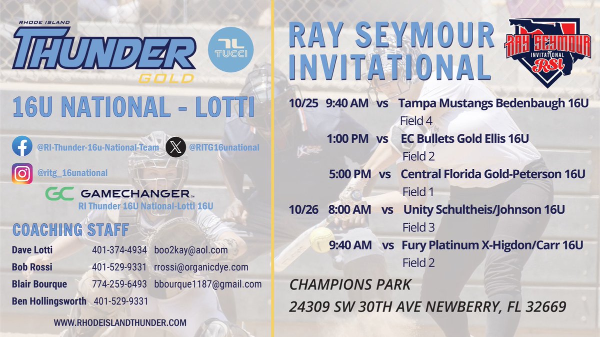 Wheels up this weekend to FL for the Ray Seymour tournament. Hope to see you there or watch them on GC! Schedule ⬇️ ⬇️ <a href="/thunderjam134/">dave lotti</a> <a href="/BobRossiRITG/">Bob Rossi</a> <a href="/LineDsoftball/">Line Drive Media</a> <a href="/SoftbalAmerica/">Softball America</a> <a href="/ExtraInningSB/">EXTRA INNING SOFTBALL</a> <a href="/PGFnetwork/">PGF</a> <a href="/MaxPreps/">MaxPreps</a>