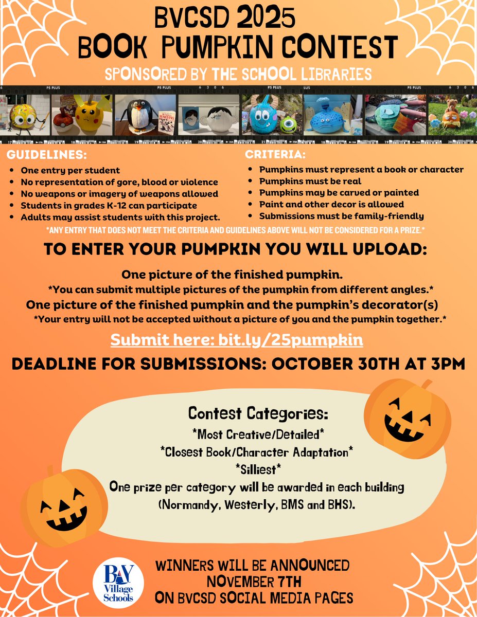 Which literary pumpkin will rule the patch?
Get ready to squash the competition in this year's Annual Book Pumpkin Contest. Transform your favorite book into a masterpiece and claim those bragging rights!  bit.ly/25pumpkin
<a href="/BaySchoolsOH/">Bay Village Schools</a>