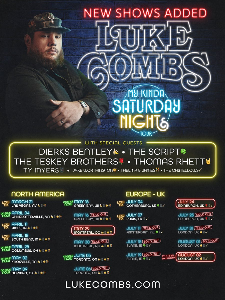 lukecombs's tweet image. 2nd shows added for Montreal and Edinburgh. 3rd and final show added for London.
Join/login to my fan club at lukecombs.com to receive pre-sale info (info also emailed to members).
Tickets will go on sale to the public THIS Friday, October 24 at 10 AM local venue…
