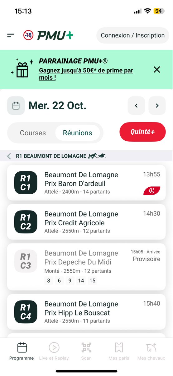 Donc sur l’appli PMU on te donne l’arrivée d’une course qui aura lieu mercredi. Je jouerai donc les chevaux indiqués pour voir si c’est truqué ou pas… 😉