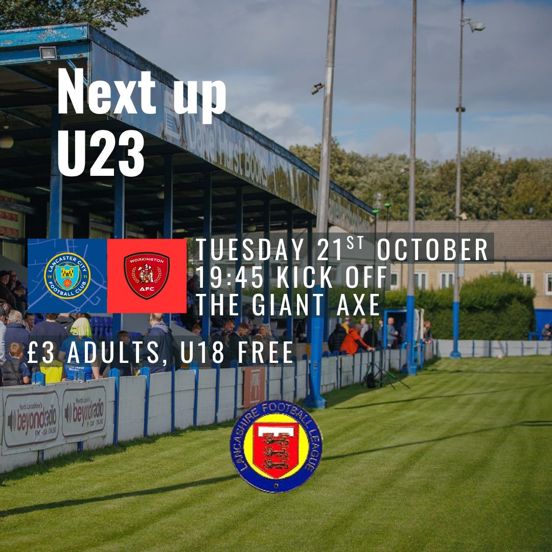 𝐓𝐨𝐦𝐨𝐫𝐫𝐨𝐰 𝐧𝐢𝐠𝐡𝐭

<a href="/LCFC18S23S/">LANCASTER CITY 18S & 23S</a> are back in action Tomorrow!

🆚 <a href="/WorkingtonAFC/">Workington AFC</a>  U23
🗓 Tue 21st Oct, 7:45pm
🏡 The Giant Axe, LA1 5PE
🎟 £3 Adults, U18 FREE